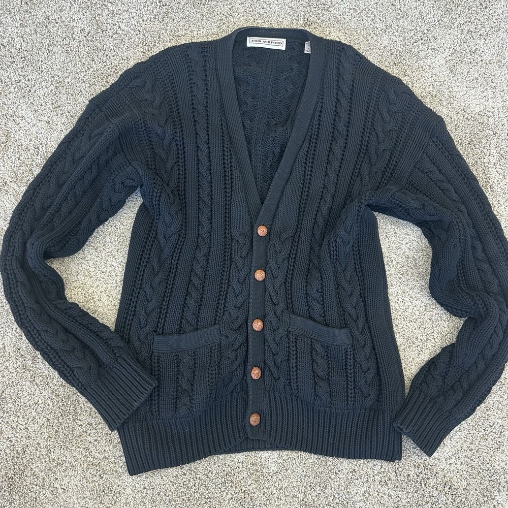 John Ashford Sweater Mens M Black 100% Cotton V-Neck Cardigan Button Front